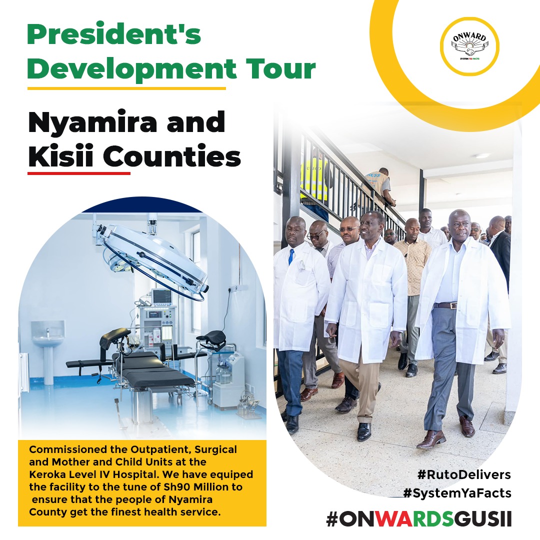 Gideon_Kitheka's tweet photo. President William Ruto @WilliamsRuto today commissioned the outpatient, surgical, and mother and child units at the Keroka Level IV Hospital in Nyamira County. #OnwardsGusii

The facility has been equipped with state-of-the-art medical equipment worth Sh. 90 million to provide high-quality healthcare services to the people of Nyamira County.

The commissioning of these units is a significant milestone in the government's efforts to improve healthcare infrastructure across the country.