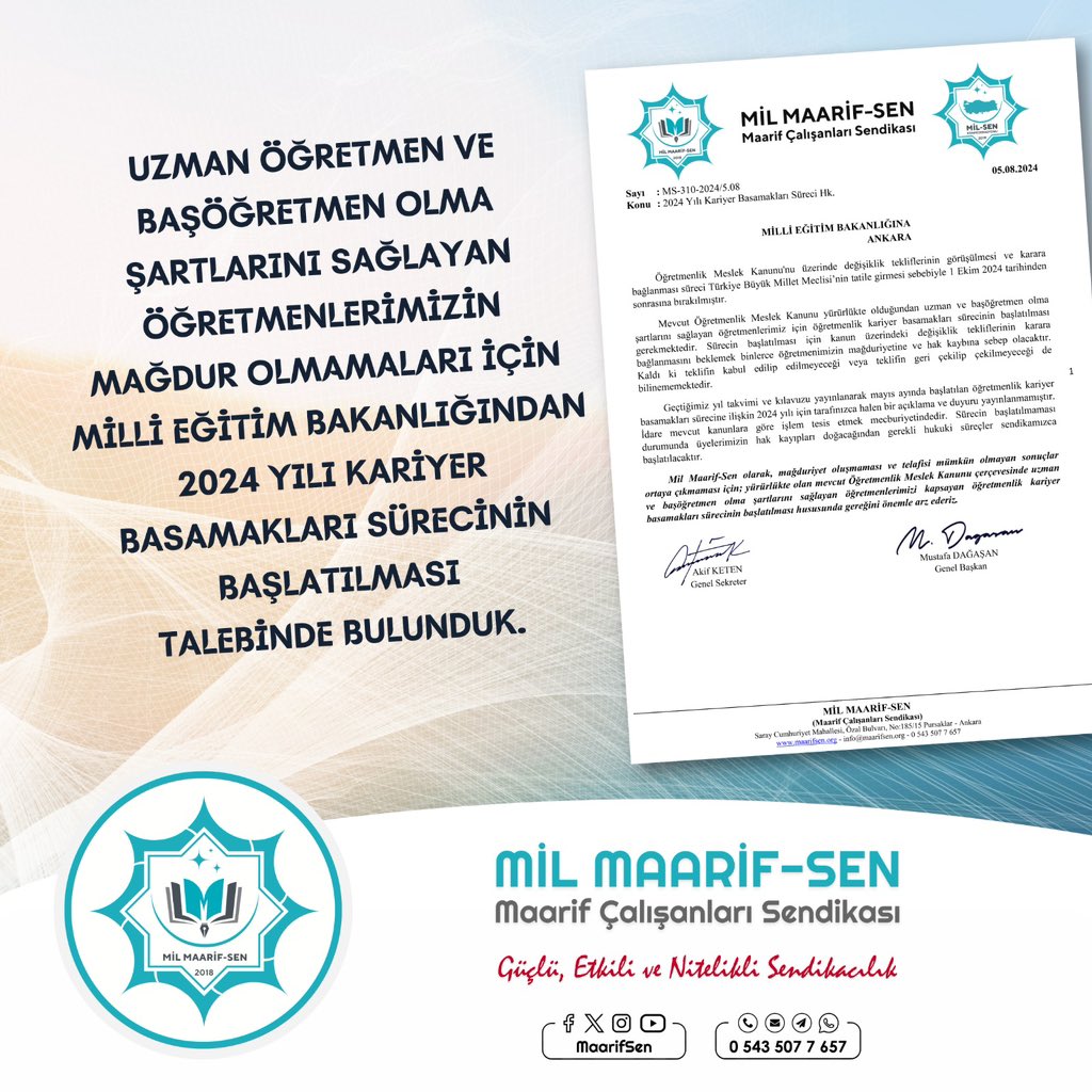 mimerkezi's tweet photo. Uzman öğretmen ve başöğretmen olma şartlarını sağlayan öğretmenlerimizin mağdur olmamaları için Milli Eğitim Bakanlığından 2024 yılı kariyer basamakları sürecinin başlatılması talebinde bulunduk. @msmdgsn @maarifsen @milsenofficial 

@tcmeb @Yusuf__Tekin 

https://t.co/2iRAm3ghOf https://t.co/geMFgmKu98