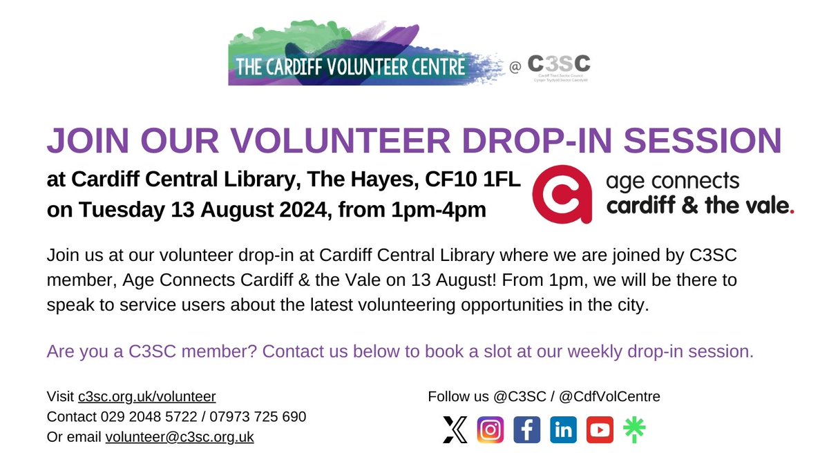Later today, we will be joined by Age Connects Cardiff &amp; the Vale at our #Volunteer #DropIn session <a href="/cardiff_hub/">Cardiff Central Library Hub</a> from 1pm. Come and say hello 👋  and find out the latest in the #Volunteering space in Cardiff and how you can put your name down to getting involved!