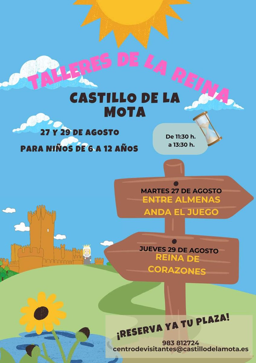 Ya queda menos para disfrutar de estas dos mañanas entretenidas que os proponemos desde el #castillodelamota #MedinadelCampo 
El martes 27 y el jueves 29 de agosto de 11:30 h. a 13:30 h. 
¡Reserva previa!
⬇️⬇️⬇️⬇️
983812724 - 983810063
centrodevisitantes@castillodelamota.es