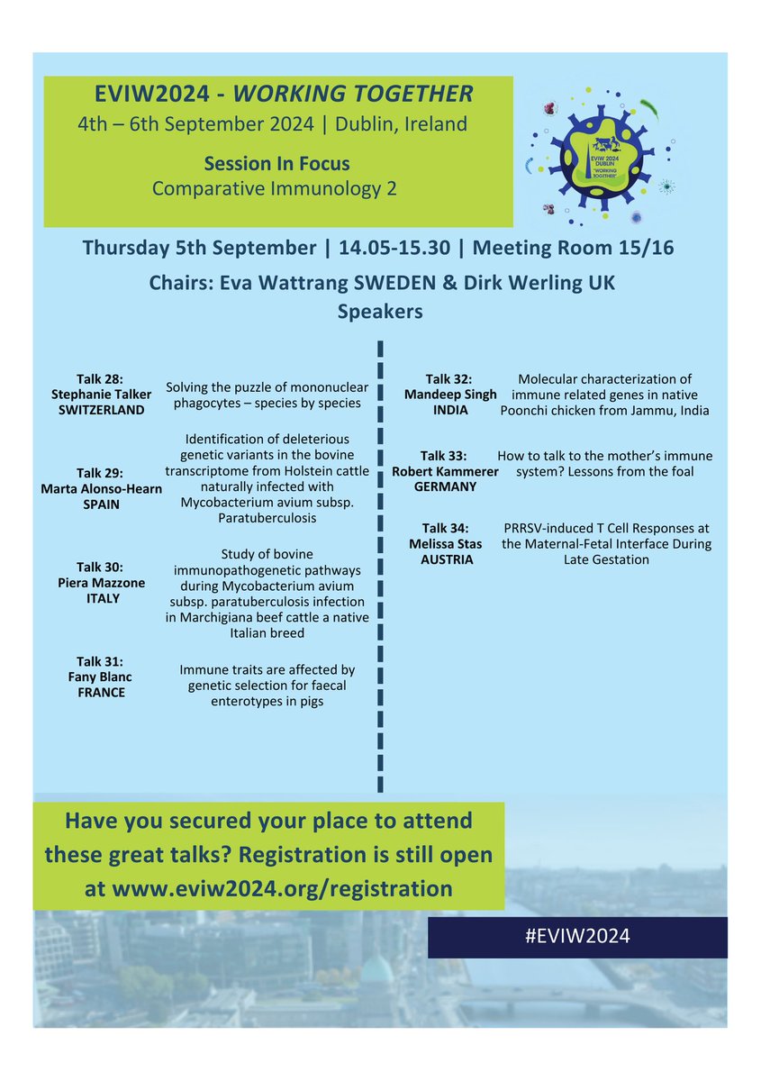 Take a look at our Comparative Immunology 2 Session, scheduled for Thursday 5th September at #EVIW2024

Register today to join us in Dublin and attend these fascinating talks!

eviw2024.org/registration/

#eci2024 #OneHealth