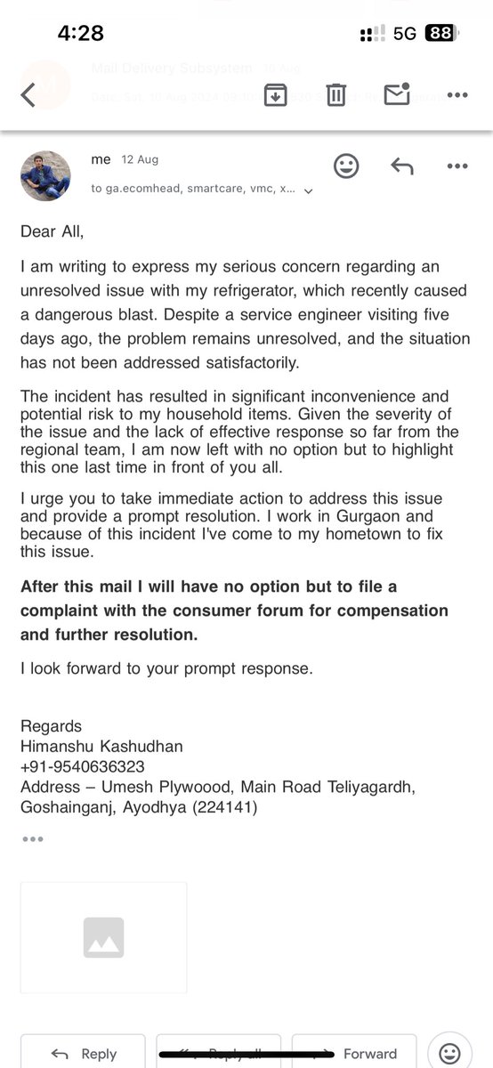 himiii24's tweet photo. @GodrejAppliance It’s being 10 days since this incident and 6 days since ur service Engg visited &amp; made verification for site, but I’m not getting any solution. Ur Lucknow office people is not even picking my call i hv left with no option but to make complaint @jagograhakjago 
@ConsumerReports https://t.co/BfDRyDqZA9
