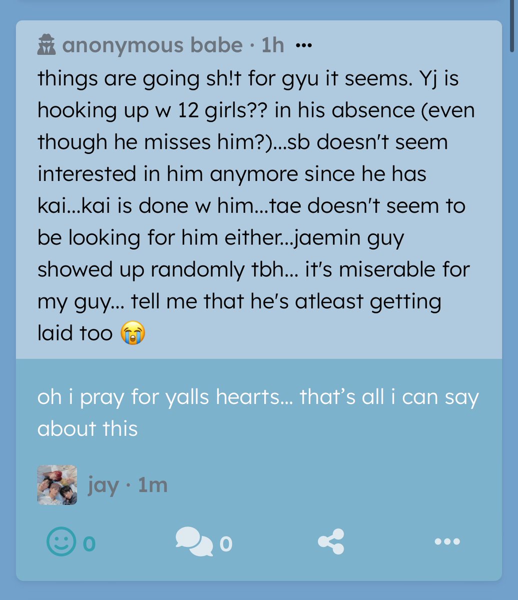 wishlistxts's tweet photo. things are going sh!t for gyu it seems. Yj is hooking up w 12 girls?? in his absence (even though he misses him?)...sb does… — oh i pray for yalls hearts… that’s all i can say about this https://t.co/szcddQbAbJ https://t.co/U7qraIRA0y