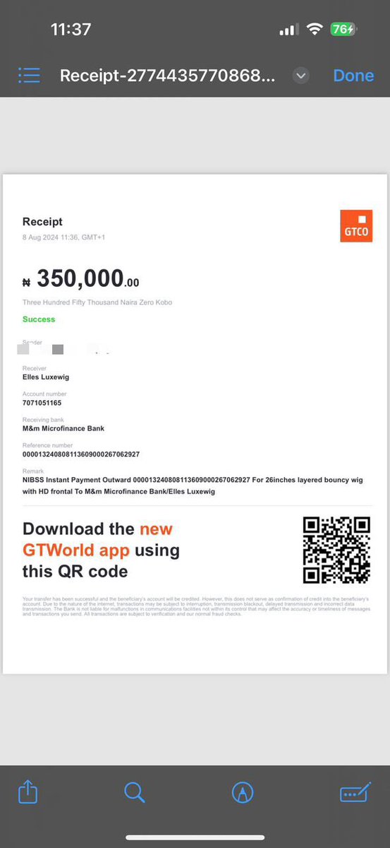 ellarh19's tweet photo. @MoremoneeBank I got scammed by your customer. On August 8, 2024, I came across a page on Instagram, @ellesluxewigs, a hair vendor with over 3k followers. I sent a message informing the page owner that I wanted to purchase a 26-inch bouncy hair for 350k. https://t.co/Fzr17hsDur