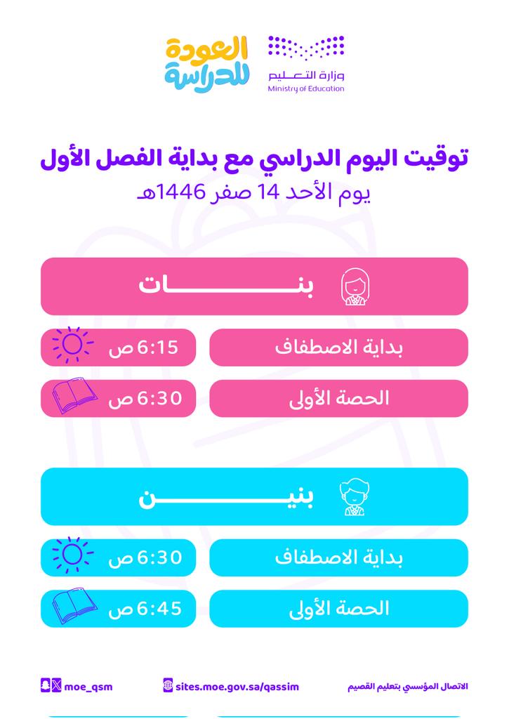 ⏰ توقيت l

⁧بداية اليوم الدراسي في مدارس #تعليم_القصيم للعام الجديد 1446هـ.
#العودة_للدراسة
#واصل_شغفك