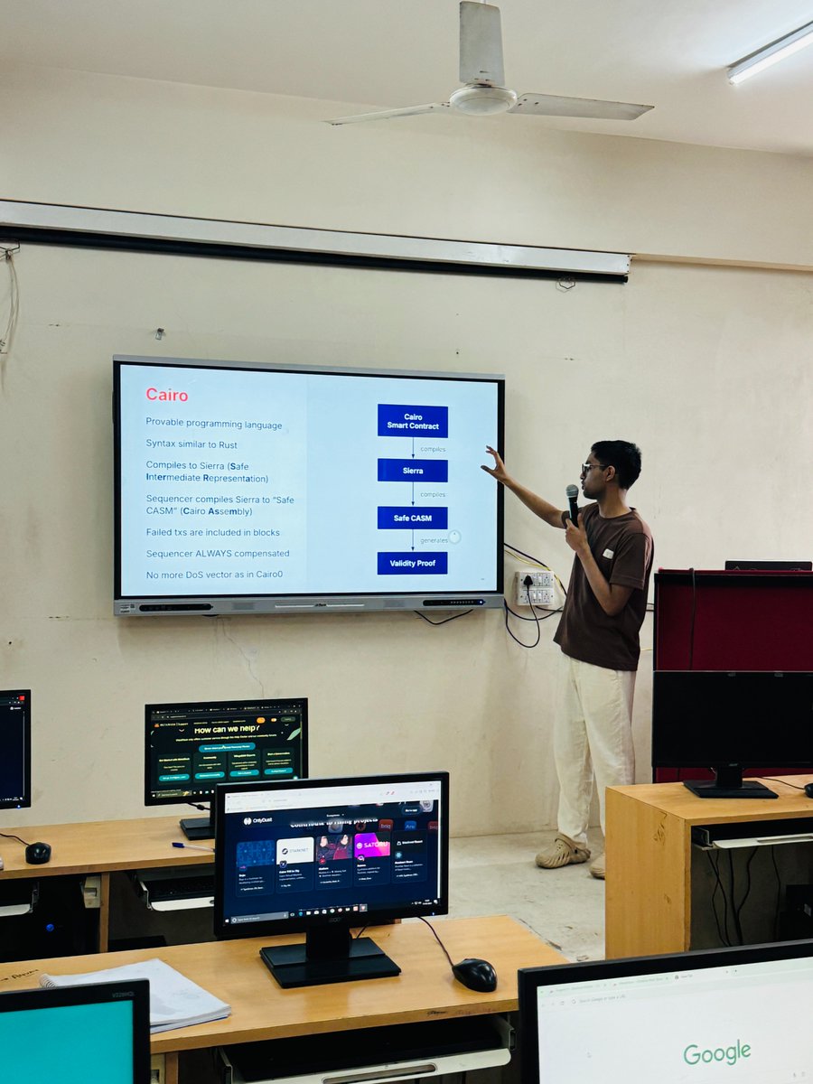 dao_nad's tweet photo. 1/2 

Day 2 was a deep dive into the StarkNet ecosystem! We covered:

- Account Abstraction (AA)
- Cairo Architecture in-depth
- StarkNet Architecture
- StarkNet wallet setup
- How Cairo smart contracts work on StarkNet
- Cairo syntax compared to Rust https://t.co/gobX1VnXsf