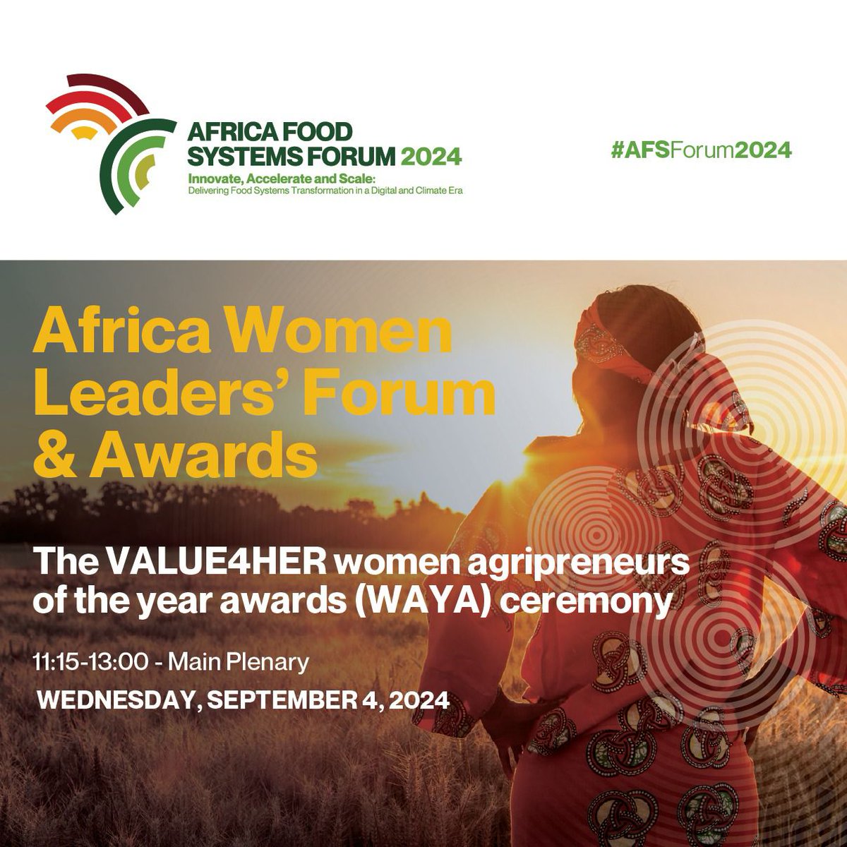 As we gear up for #AFSForum2024

Africa Women Leaders’ Forum and Awards

This session is dedicated to promoting &amp; advancing women's leadership in Africa's nutrition agenda,food systems &amp; agricultural sector.

Join the conversation👉agrf-inperson.com/?v=16 #InnovateAccelerateScale