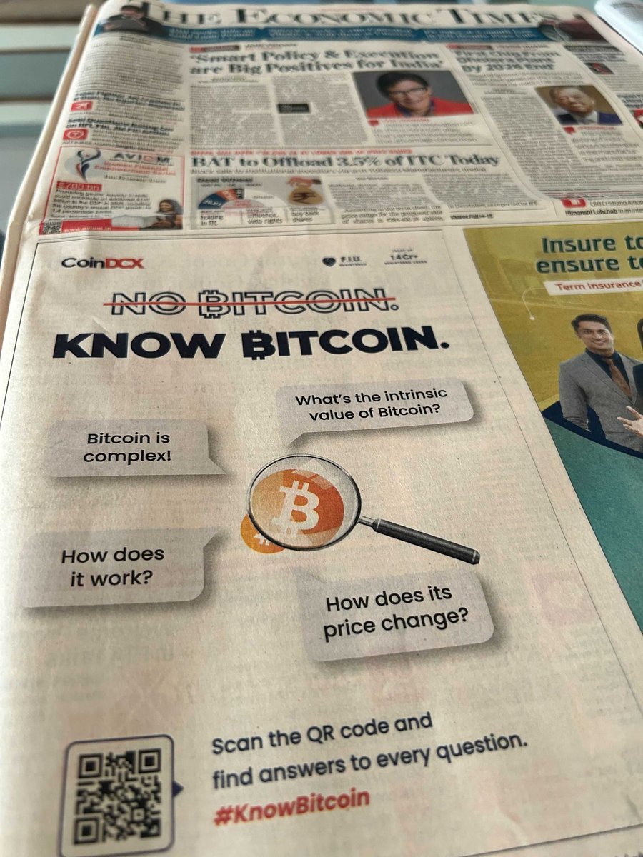 smtgpt's tweet photo. At @CoinDCX, we ran multiple print ads around: N̶o̶ B̶i̶t̶c̶o̶i̶n̶ #KnowBitcoin in March 2024 in leading Indian newspapers to encourage people to #DYOR. 👇
We got wonderful feedback from the community for helping bust myths around #Bitcoin and #crypto! https://t.co/NfWXesvWxi