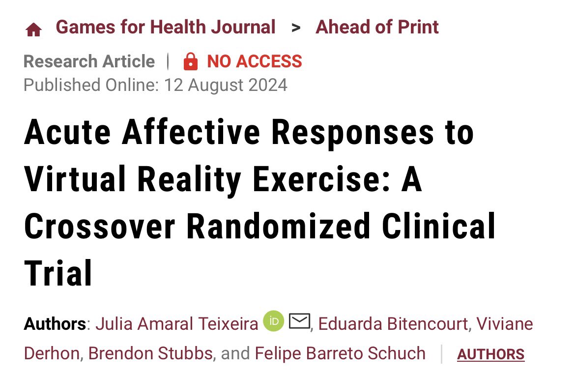 New study - <a href="/weareFitXR/">FitXR</a> cross over trial versus non immersive exercise shows FitxR results in harder, more enjoyable &amp; better mental health boosting workouts!

Important milestone for the field <a href="/SamCSCole/">Sam Cole</a> <a href="/Meta/">Meta</a> 

Masterfully led by Felipe Schuch &amp; team 

liebertpub.com/doi/10.1089/g4…