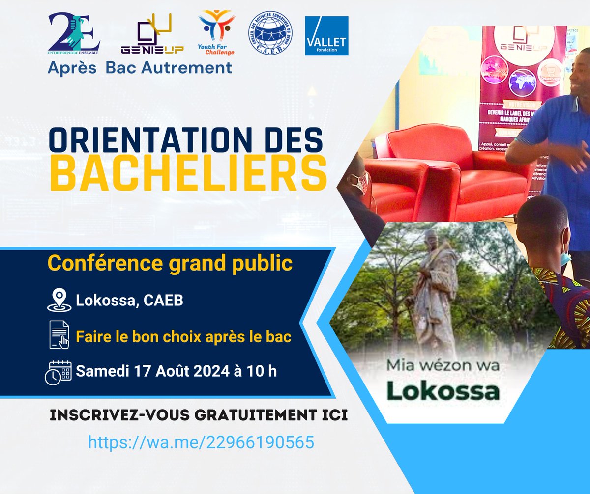 Youth4Challenge's tweet photo. Participez aux conférences : " *Faire le bon choix après le Bac

**Dates et lieux** :
- Mercredi 14 août 2024 à 10h, salle de conférence Le Phénix de Comé
- Samedi 17 août 2024 à 10h, CAEB de Lokossa

*👉*Inscription gratuite** en contactant  22966190565

#orientationpostBac https://t.co/ENpkj75POW