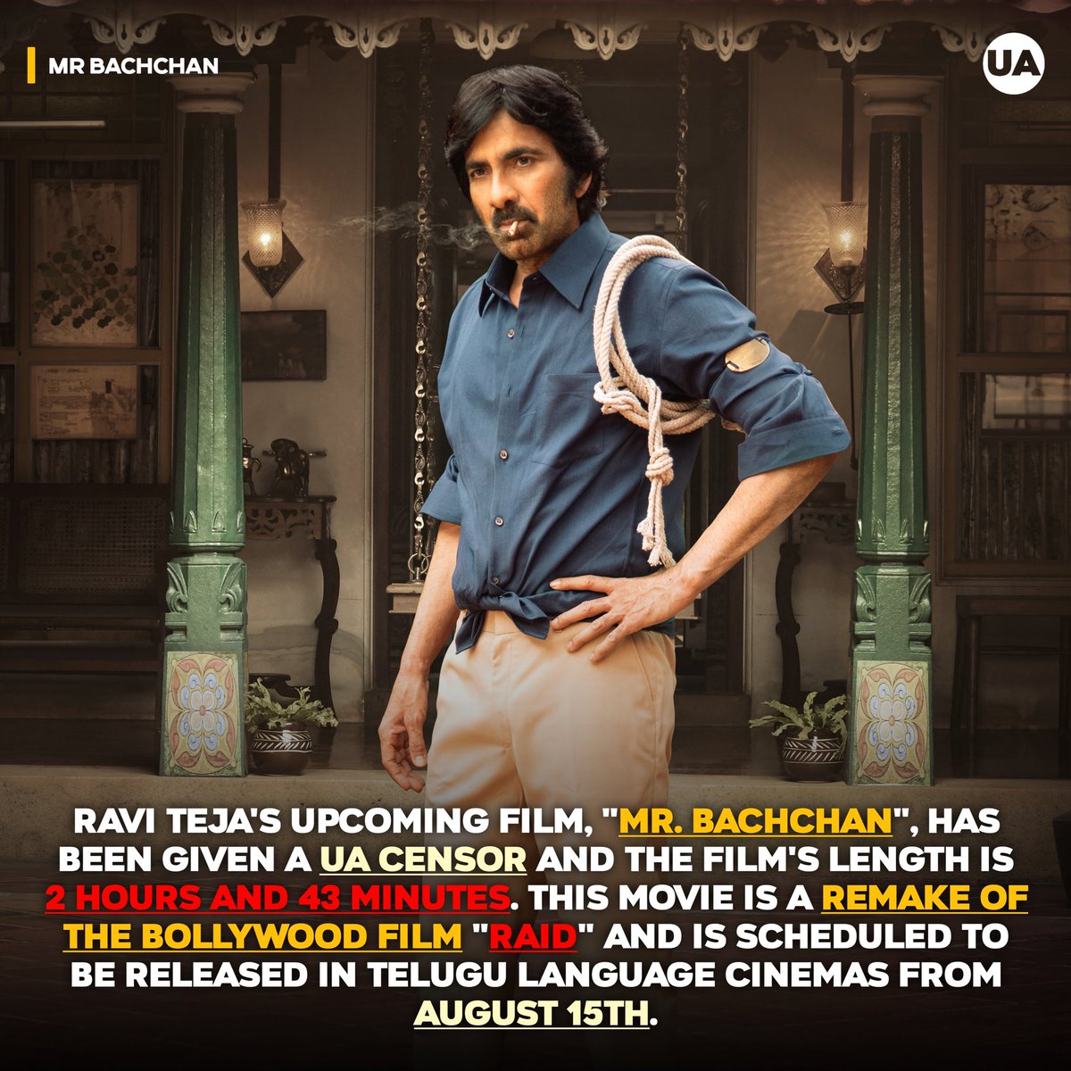 filmydoseonline's tweet photo. Mr. Bachchan has received a UA censor certificate, and its length is 2 hours and 43 minutes.

#MrBachchanOnAug15th #RaviTeja #Telugu #FilmyDose https://t.co/xcOUX8Dykq