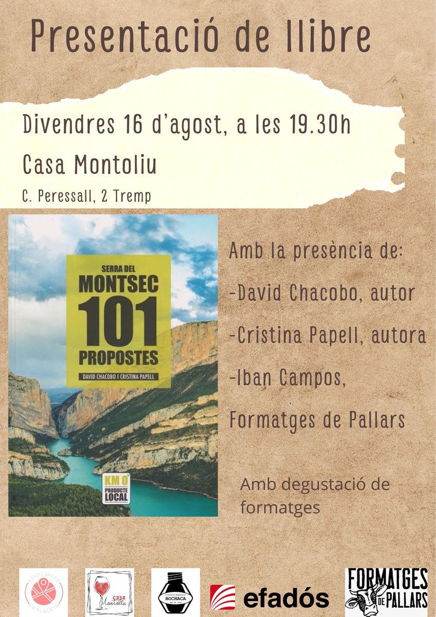 📚 🧀 Aquest divendres us proposem aquesta presentació, que anirà acompanyada d’un tast de Formatges de Pallars a <a href="/Casamontoliu/">Casamontoliu1904</a> 😋

Us hi esperem!

<a href="/efados/">Editorial Efadós</a>