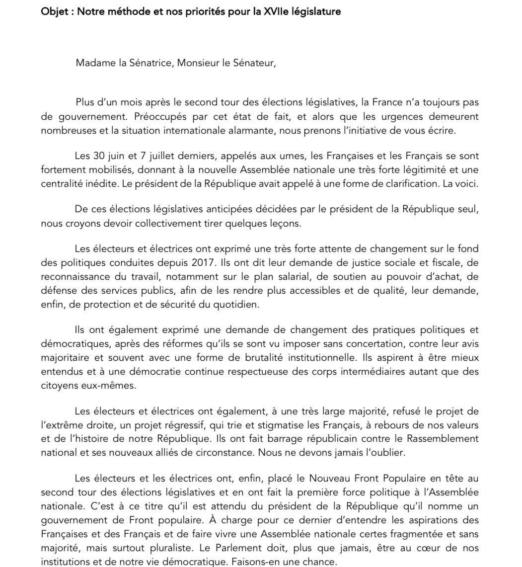 GuillaumGontard's tweet photo. 🟥🟩🟨🟪 Il est temps que @EmmanuelMacron respecte nos institutions
@CastetsLucie candidate légitime du #NFP pour Matignon vient d’écrire un courrier co-signé par les président•es de groupe du NFP aux groupes parlementaires de l’@AssembleeNat et du #Sénat https://t.co/0QyuU4q5Gs