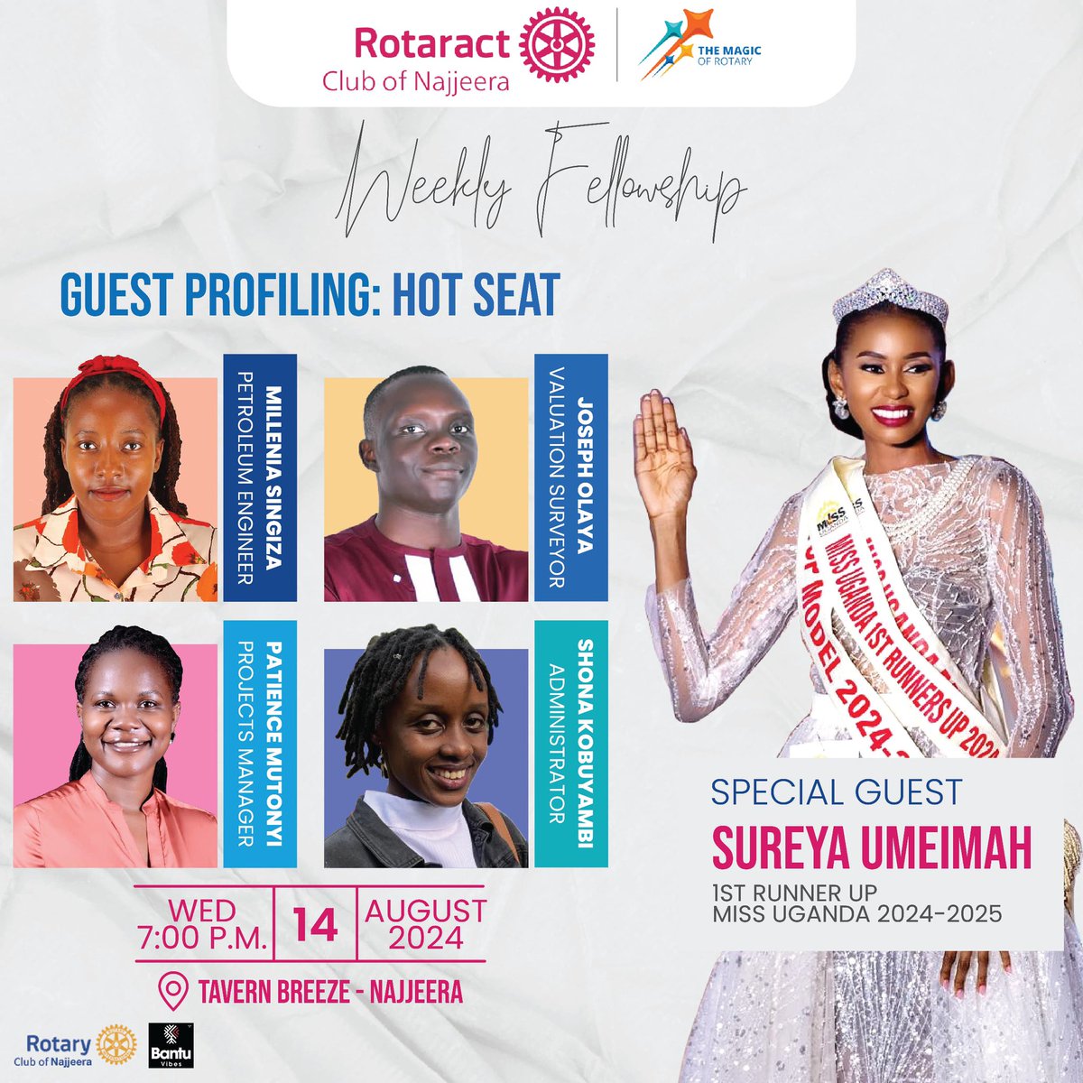 Tomorrow, <a href="/RctNajjeera/">Rotaract Club of Najjeera</a> will host a special Guest Profiling Fellowship! 4 of our regular guests will take the hot seat as they prepare for their induction.
We are honoured to welcome our special guest, <a href="/SureyaUmeimah/">Sureya Umeimah</a> , Miss Uganda 1st Runner-Up 👑.