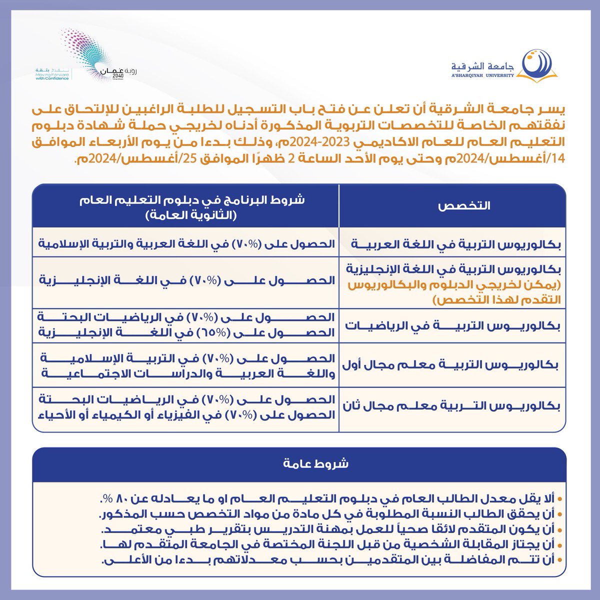 AsharqiyahUni's tweet photo. فتح باب التسجيل للتخصصات التربوية. 
 *المنشور يحتوي على التفاصيل. 

رابط التسجيل:

https://t.co/44KmxfyMkg

#StudyAtASU
#ASU
#oman
#university https://t.co/0B7kwKUEcf