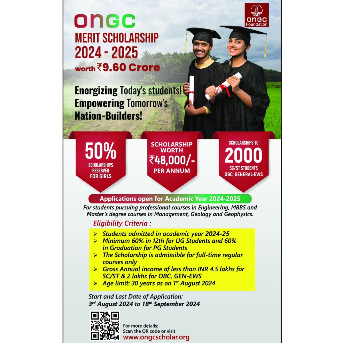 Apply now to take benefits of the scholarship. Visit the ONGC Scholarship Portal or scan the QR code.

#ONGC #ongcscholarship #ongccsr #ONGCMeritScholarship
