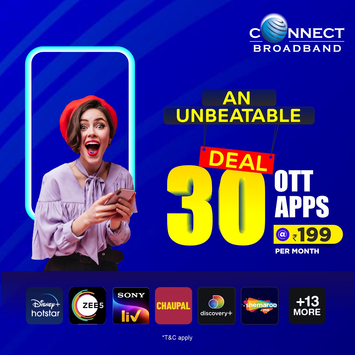 ConnectBb's tweet image. 🎉 Unbeatable Offer Alert! 🎉

Get access to 30 Premium OTT Apps for just Rs.199 per month! 📺✨

Grab this deal now visit - connectbroadband.in/ott-packs/

#ConnectBroadband #OTTPackage #EntertainmentDeal #OTTApps #StreamingMadeEasy #AffordableEntertainment