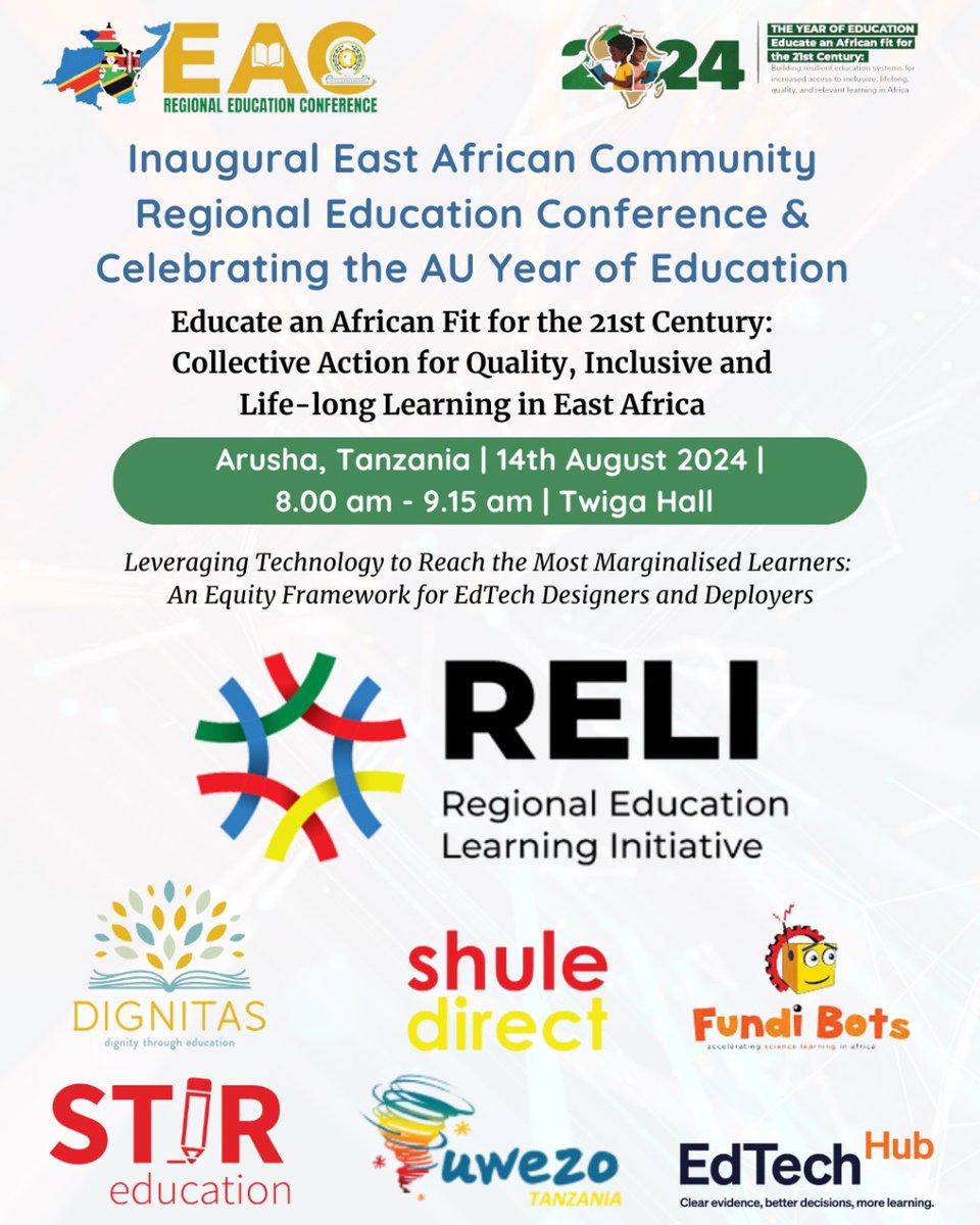 JSebuyungo's tweet photo. Join @STIReducation at the #EACConference in Arusha! Don’t miss our @ReliAfrica session: “Leveraging Tech for Marginalized Learners: An Equity Framework for EdTech” 14th Aug 2024 8:00-9:15 am Twiga Hall @DignitasProject @ShuleDirect @FundiBots @EdTechHub @Uwezo #EdTech https://t.co/M5xDmphkcI