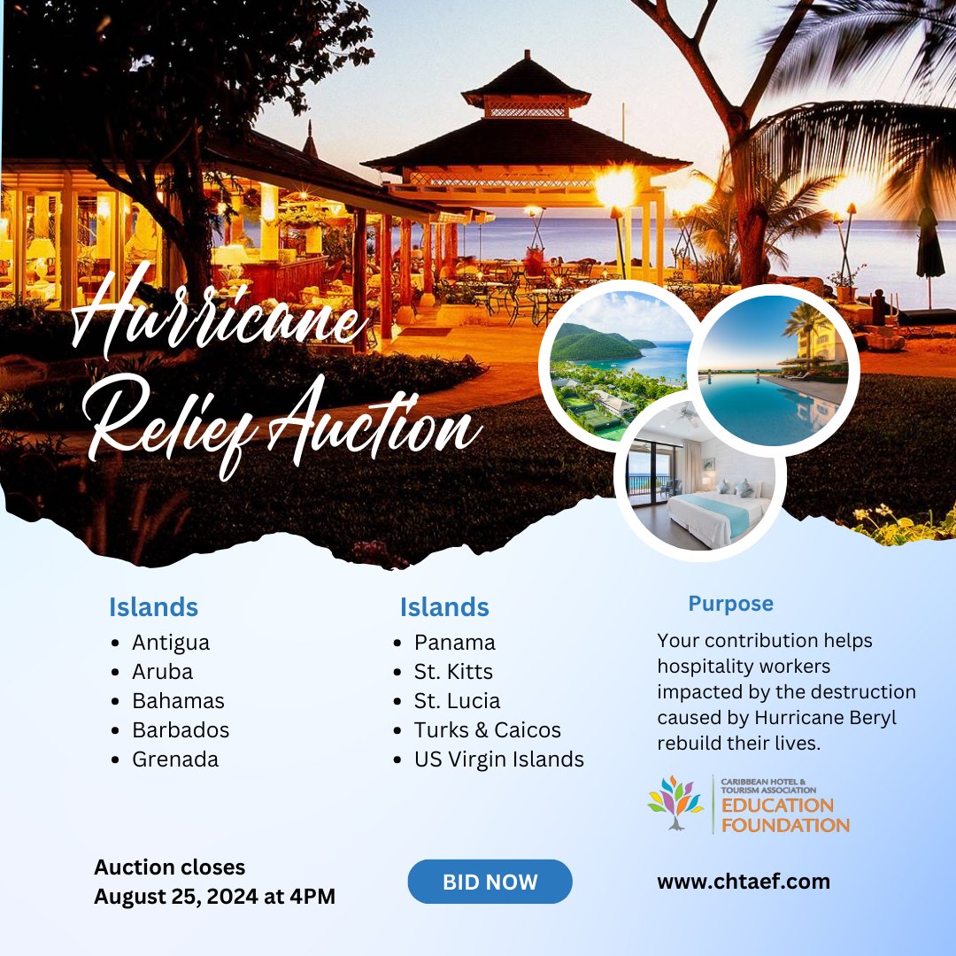 NEW DATE!!!

More time to make your bid in our Hurricane Relief Travel Auction.

Plan your Caribbean getaway.

Bid now at one.bidpal.net/2024hurricanes…
#educationfoundation #chtaef #hurricaneberyl #travelauction