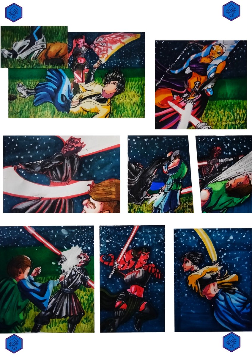 dagomarosart's tweet photo. Michael vs Maul page 3
Traditional art, with digital border.
#dagomarosart #darthmaul #starwarsfanart #starwarsfancomics #comicmaking #comicpage #jedi #sith #alcoholmarkers #acrylicpaint #colourpencils #mixedmedia https://t.co/zo1m956kPs