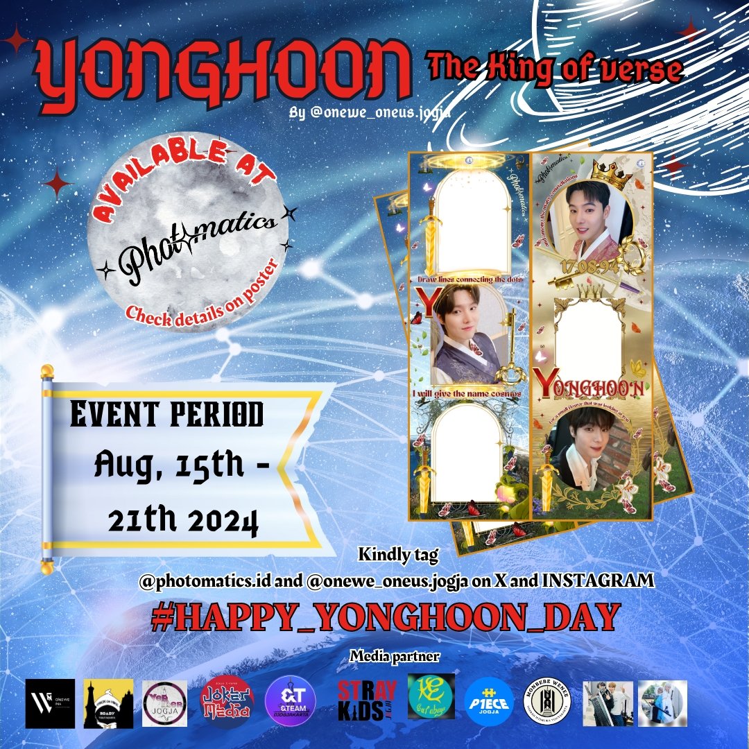 oneweoneusjogja's tweet photo. 👑 HAPPY YONGHOON DAY 👑

Photoframe Event For Celebrating @official_ONEWE's Yonghoon Birthday presented by Onewe Oneus Jogja 

🗓️ 15-21 August 2024
📍 PHOTOMATICS 
🔍 Check details on poster

🏷️ Kindly tag 
@photomaticsid @oneweoneusjogja
On X and Instagram https://t.co/XCZJDlDuMd