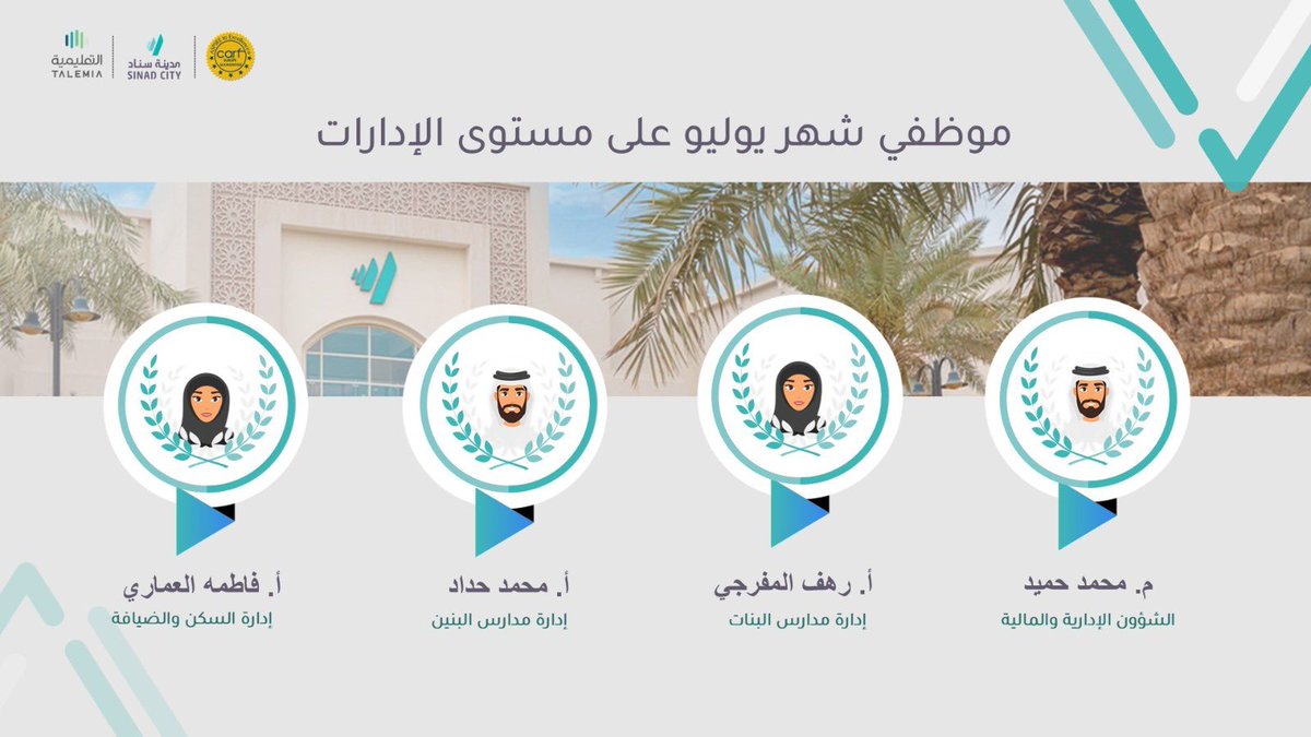 sinad_city's tweet photo. نجوم الشهر | Stars of the month

إدارة #مدينه_سناد_للتربيه_الخاصه تُهنئ نجوم شهر يوليو لعام 2024 وهم:

م. محمد حميد 
(الإدارة العامة) 

أ. رهف المفرجي    
(مدارس البنات) 

أ. محمد حداد 
(مدراس البنين) 

أ. فاطمة العماري
(السكن والضيافة)

متمنيه لهم مزيداً من التوفيق والنجاح 🙏🏼✨ https://t.co/OaVfYWA15F
