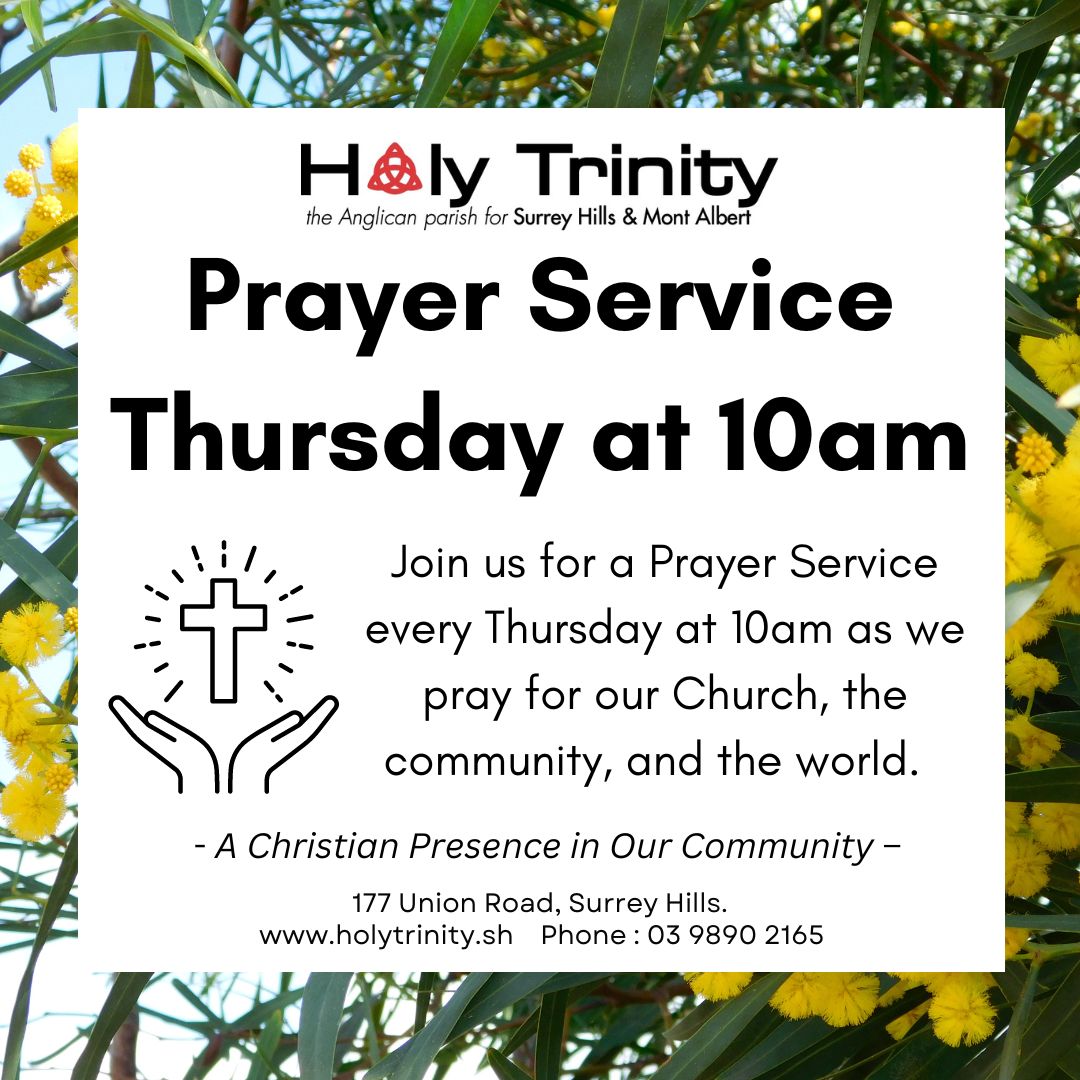 HolyTrinitySH's tweet photo. This Thursday, Aug 15 at 10am we have our prayer service in the Church, and Rev Mark hopes that you can join us. The focus is our parish, mission month, and upcoming events.
Tomorrow (Wed) at 10am it’s our mid-week Communion service, followed by morning tea in Carter Hall. https://t.co/lbcrQ9vNH2