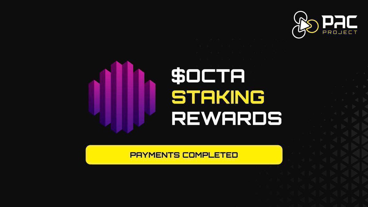Token_Pac's tweet photo. ⭐️ #OCTA STAKING - WEEKLY PAYOUTS
👀 All staking rewards have been successfully distributed.
🗓 Upcoming payments:
➥︙#OCTA-staking on August, 20
➥︙#REDE-staking on August, 13
➥︙#PAC-staking on August, 13
⠒⠒⠒⠒⠒⠒⠒⠒⠒
@Token_Pac #PAC #PAC_PROJECT #PACProject #GameFi #cryptocurrency #TOKEN #Staking #StakingRewards
