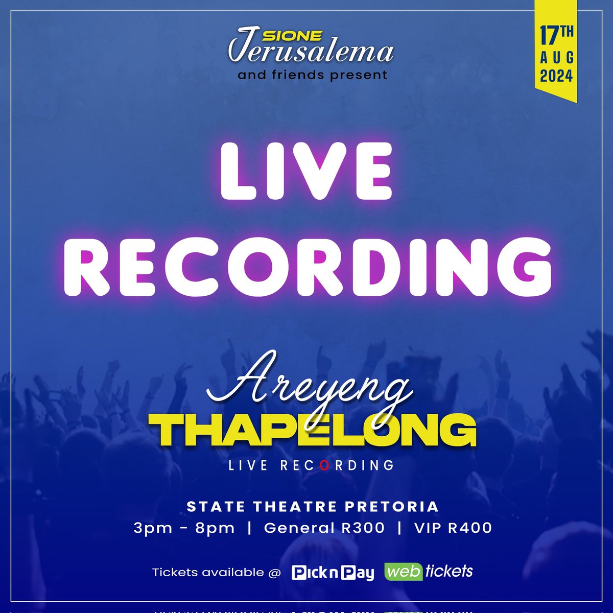 zionafrika's tweet photo. 3 days to go ❗️ Get your ticket now 

Don't miss this historic #AreyengTHAPELONG LIVE REC⭕️RDING.

1️⃣  The stage &amp; red carpet is being set
2️⃣  Dumisa TV is gearing up
3️⃣  Mmino wa Sione Podcast is getting ready
4️⃣  Devine Creation Photographers are polishing their camera lenses https://t.co/GAmTwqWASk