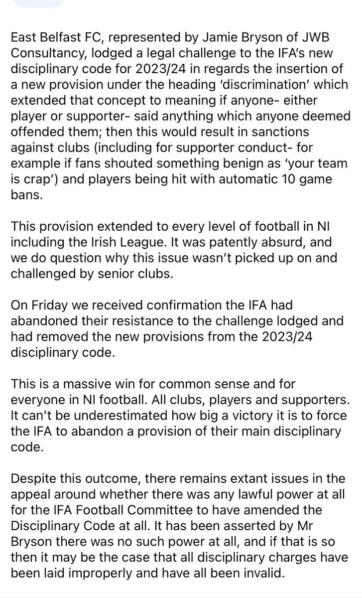 JwbConsultancy's tweet photo. JWB Consultancy acted for East Belfast FC in this successful appeal overturning the new ‘discrimination’ clause in the IFA’s Disciplinary Code. 

We specialise in Football Appeals in NI, for more info E: info@jwbconsultancy.co.uk 

East Belfast FC statement on the case 👇 https://t.co/3RQSqn8qyY