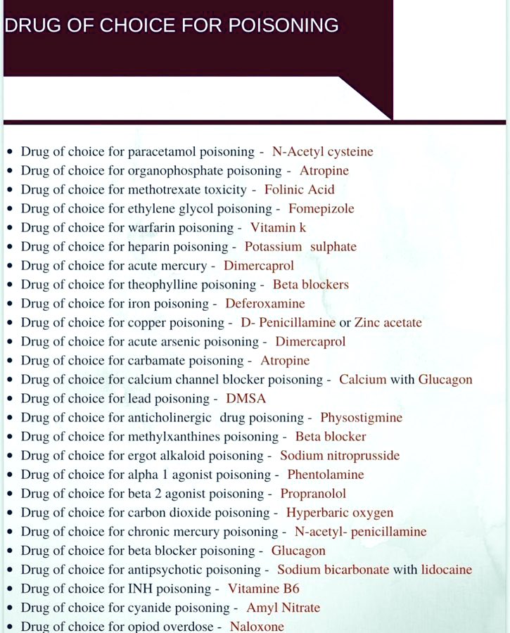 DRUG OF CHOICE FOR POISONING 📌