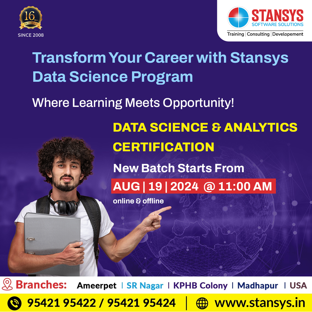 Stansys_SAS's tweet image. Stansys&apos; Data Science Program offers a comprehensive certification course for data science and analytics, starting August 19, 2024, both online and offline.

Join Us Now : 95421 95422 / 95421 95424.

Visit : stansys.in

#datascience #analytics #datascienceprogram