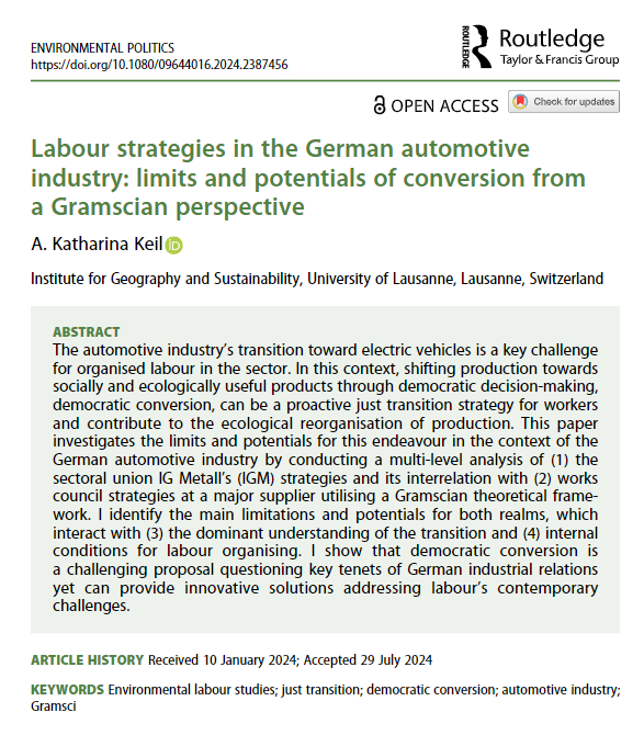 New #OpenAccess article from <a href="/akkforreal/">Katharina Keil</a>: Labour strategies in the German automotive industry.

For automotive suppliers in Germany, conversion of production towards socially and ecologically sustainable products may be a promising labour strategy. 
doi.org/10.1080/096440…