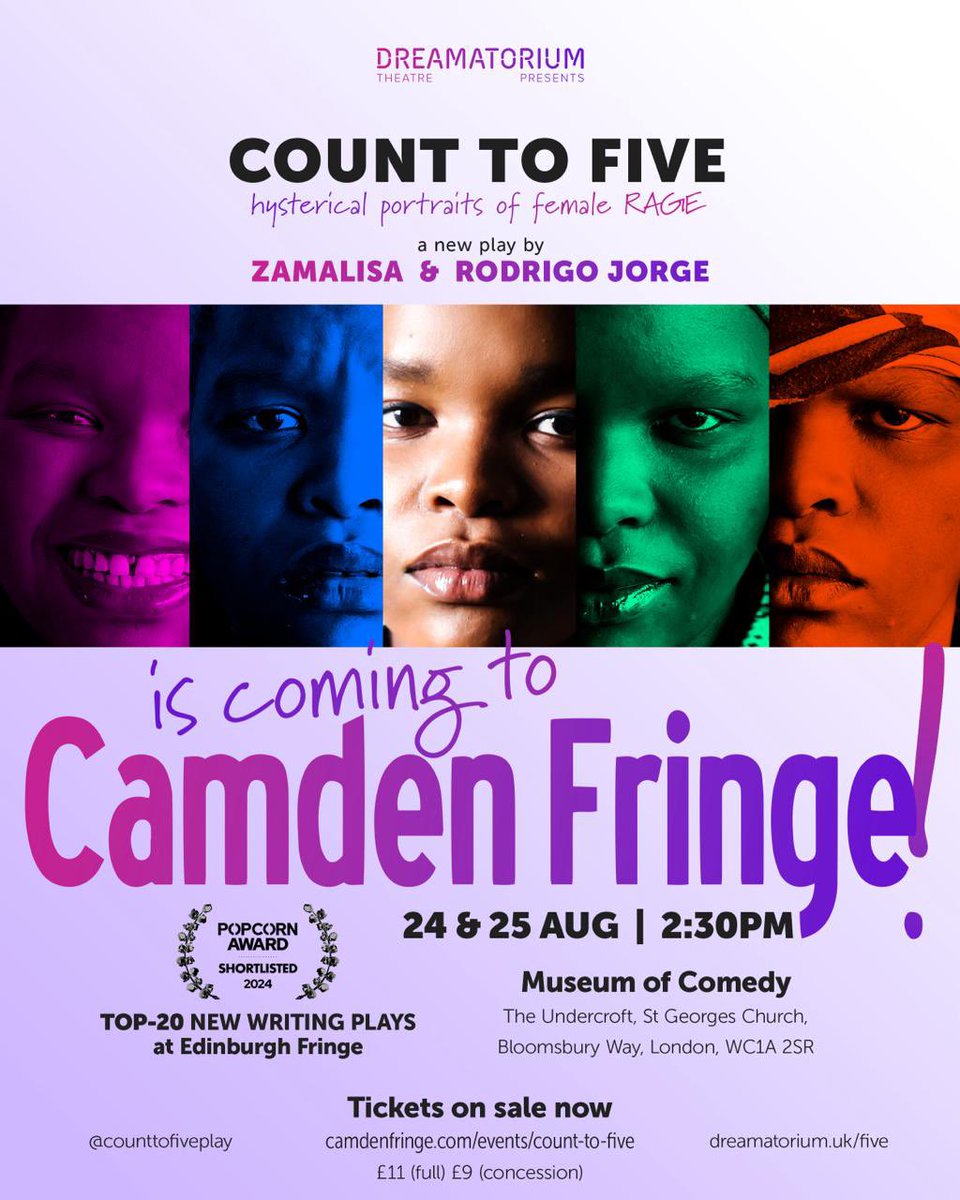 CountToFivePlay's tweet image. #CountToFive: London, are you ready? @Zamalisa and @roddamn’s award-nominated play is coming to @CamdenFringe! Fresh off our #EdFringe run, which received rave reviews, we’re bringing the unhinged exploration of the absurdities and rationales of innermost rage to London audiences