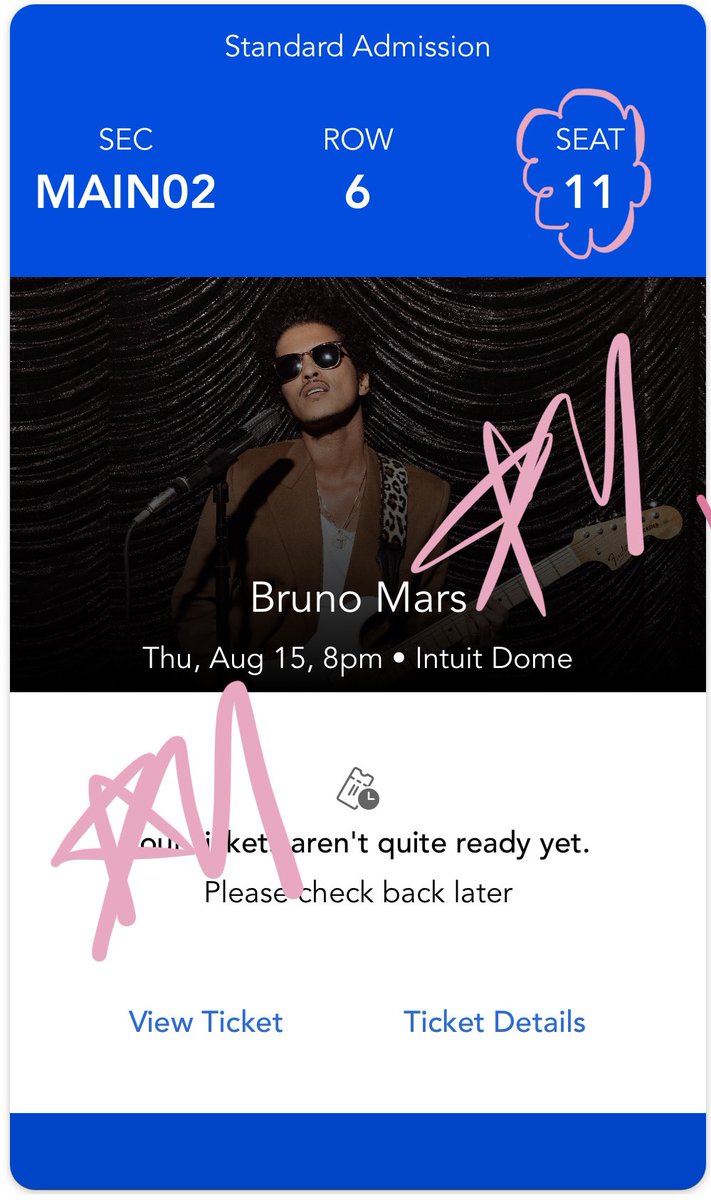 xiaotinggf's tweet photo. wts Bruno Mars 2 tickets 8/15 @ Intuit Dome 

PayPal g&amp;s only

FV + fees https://t.co/06HZCv2DQY