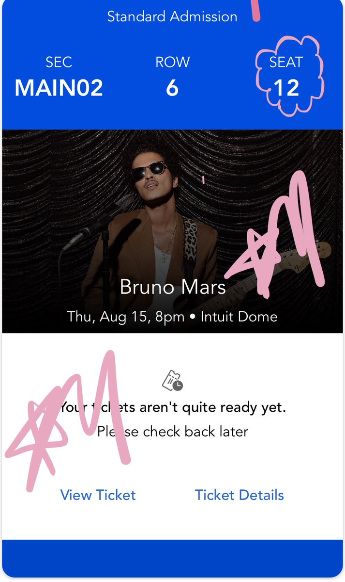 xiaotinggf's tweet photo. wts Bruno Mars 2 tickets 8/15 @ Intuit Dome 

PayPal g&amp;s only

FV + fees https://t.co/06HZCv2DQY