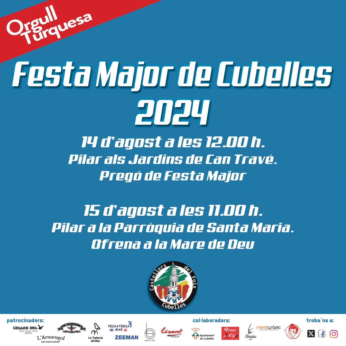 CastDelFoix's tweet photo. 🥁 Un any més, ja ho tenim tot a punt per a la Festa Major.
🥰 Dimecres participarem del pregó amb un pilar d'homenatge al pregoner, enguany el Dr. Amalio Pérez.
🩵 I dijous, amb un altre pilar durant l'ofici.
💪 Visca la Festa Major de #Cubelles!!
#SomCultura #SomCastells https://t.co/drvehORmjq