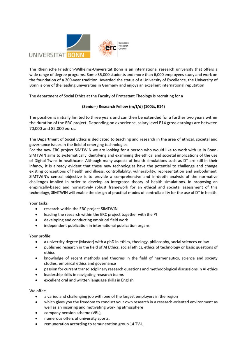 EvaMariaHille's tweet photo. We are hiring! We are currently looking for new team members at @UniBonn:
➡️ Student researchers
➡️ PhD in the @ERC_Research project SIMTWIN
➡️ PostDoc in the @ERC_Research project SIMTWIN
💡Deadline to apply: 1 September 2024
Join as in an amazing and supportive team!💪🏼 https://t.co/qE1wnyLAqq