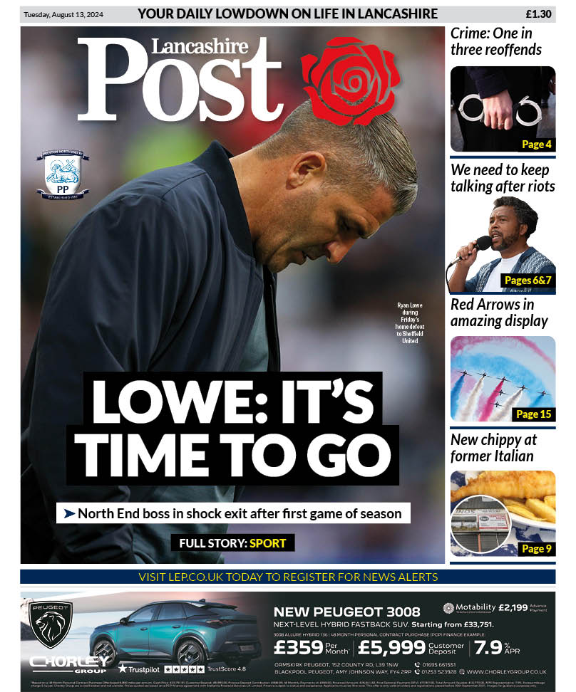National World Design Hub (@nwdesignhub) on Twitter photo Today's <a href="/leponline/">Lancashire Post</a> design by Phil Smith after the shock departure of <a href="/pnefc/">Preston North End FC</a> manager Ryan Lowe, just one game into the new <a href="/SkyBetChamp/">Sky Bet Championship</a> season. Story by <a href="/GHodgsonSport/">George Hodgson</a>. Also, figures from <a href="/Catch22/">Catch22</a> say a third of criminals in Preston reoffended within a year of their conviction. Today's <a href="/leponline/">Lancashire Post</a> design by Phil Smith after the shock departure of <a href="/pnefc/">Preston North End FC</a> manager Ryan Lowe, just one game into the new <a href="/SkyBetChamp/">Sky Bet Championship</a> season. Story by <a href="/GHodgsonSport/">George Hodgson</a>. Also, figures from <a href="/Catch22/">Catch22</a> say a third of criminals in Preston reoffended within a year of their conviction.