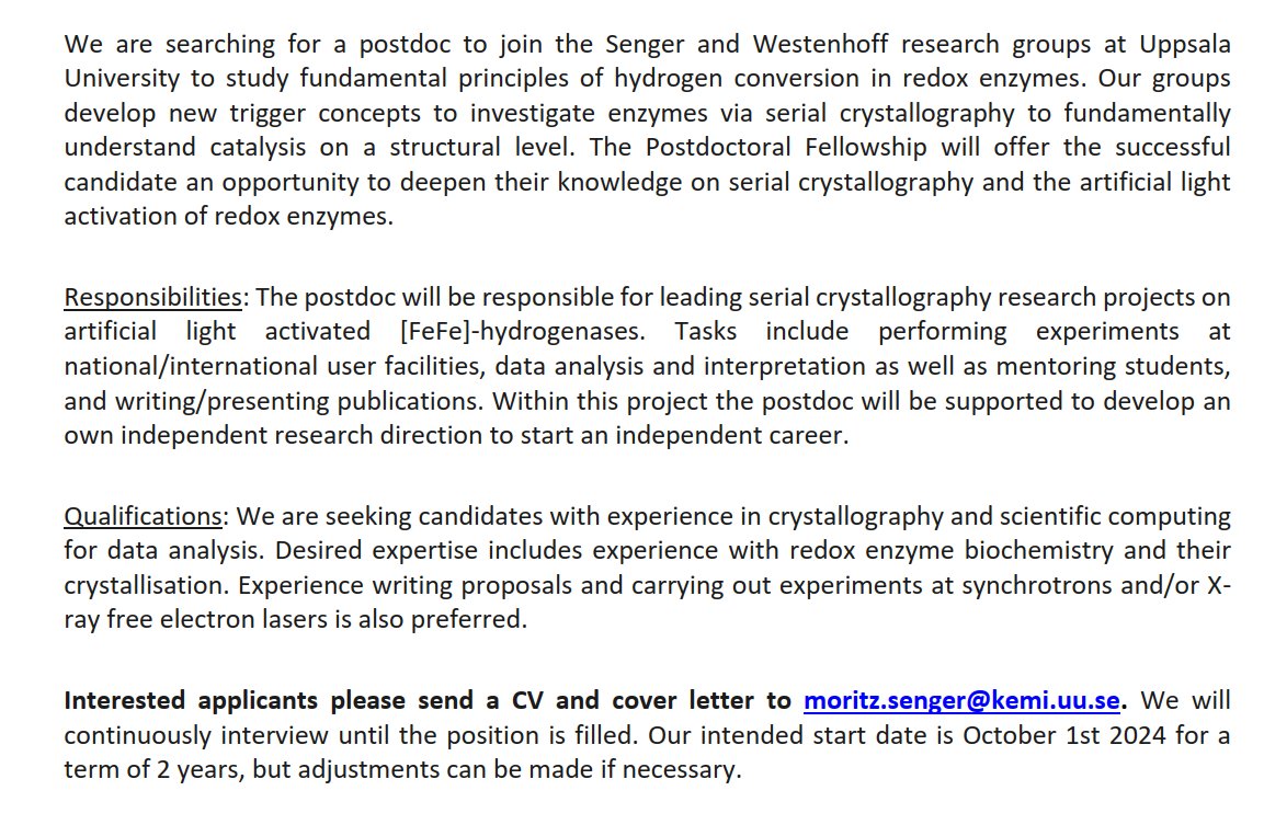 Interested in targeting the structural description of H2 catalysis in [FeFe]-hydrogenases?
We have a two year Postdoctoral Fellowship available.
Join us in Uppsala. 👇 👇 #WinterIsComing 
linkedin.com/jobs/view/3990…