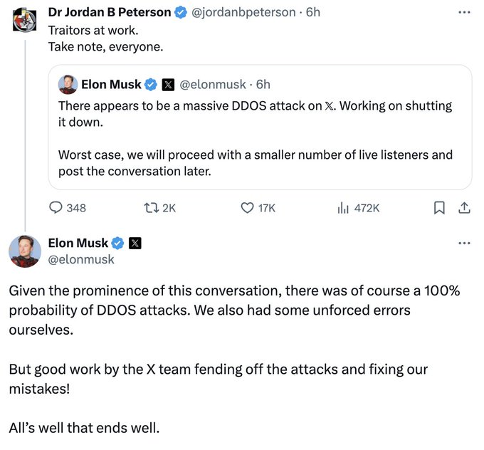 엘론: 트럼프 인터뷰에 대한 공격은 예상된 일이었습니다.

트럼프의 인터뷰 시작을 지연시킨 분산 서비스 거부(DDOS) 공격에 대해 엘론은 X팀의 노력 덕분에 약간의 결함에도 불구하고 인터뷰가 진행될 수 있었다고 설명했습니다.

"이 대담의 중요성을 고려할 때 당연히 디도스 공격이 발생할 확률은