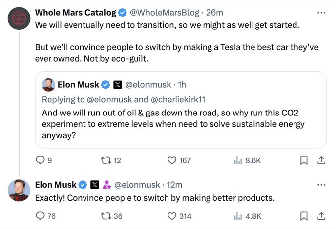 엘론: 화석 연료 전환의 열쇠는 더 나은 전기차

사람들이 화석 연료 사용에 대해 죄책감을 느끼게 하는 것은 해답이 아닙니다.

해결책은 완전 자율 주행과 같이 안전과 편안함을 돕는 기능을 통해 전기차를 최고의 운전 경험으로 만드는 것입니다.

Elon:

"더 나은 제품을 만들어 사람들이