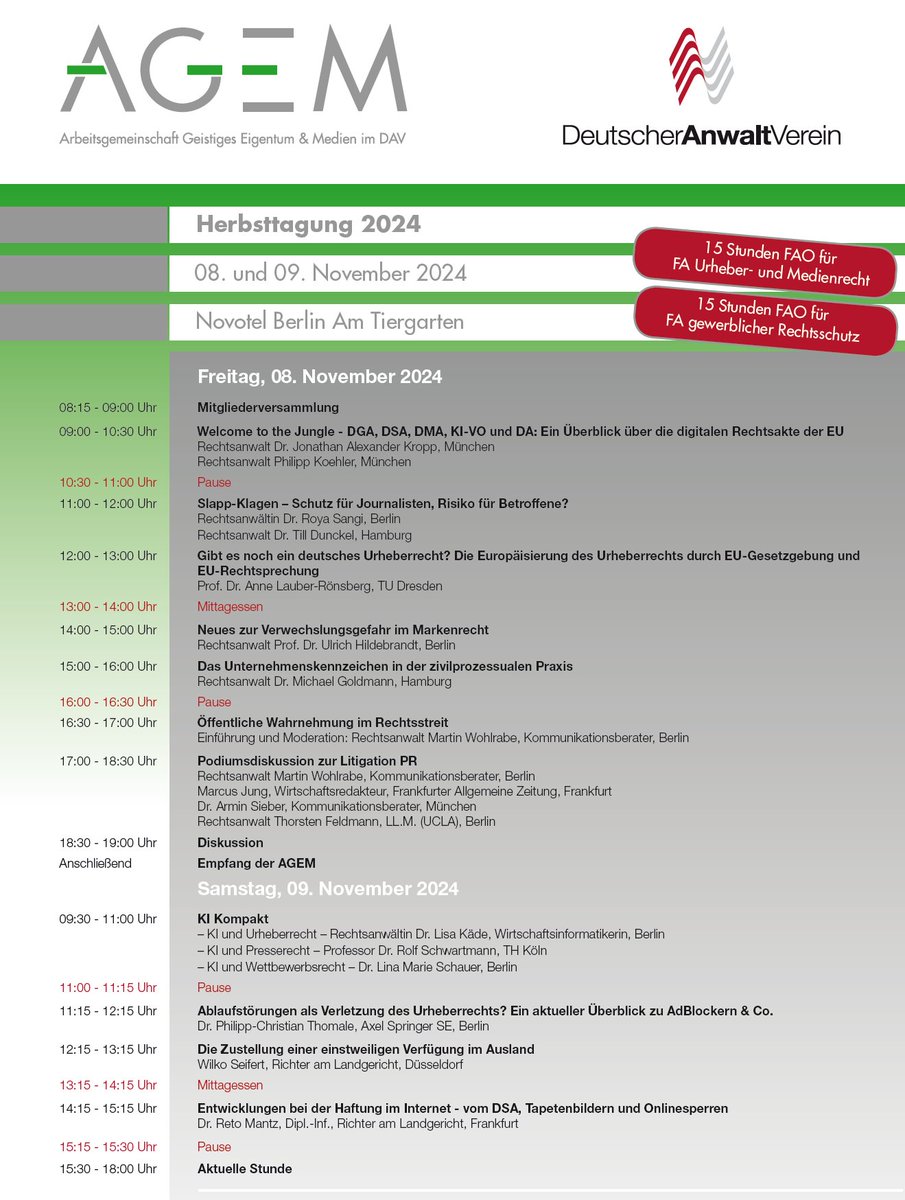 LÖFFEL ABRAR - Litigation (@loeffel_abrar) on Twitter photo "Hammer-Programm, echt gut!"
#DSA, #KIVO, #LitigationPR, #Markenrecht, #Urheberrecht, #Slapp, #Presserecht, #UWG...
hervorragende Referenten, wie <a href="/netinator_prof/">Rolf Schwartmann</a> <a href="/offenenetze/">offenenetze ( @offenenetze@chaos.social )</a> <a href="/MarcusCJung/">Marcus Jung</a> <a href="/Wohlrabe/">Martin Wohlrabe</a> <a href="/ABSieber/">Armin Sieber</a> <a href="/feldblog/">Thorsten Feldmann</a> - um nur einige zu nennen!
-> anwaltakademie-event.de/2219 "Hammer-Programm, echt gut!"
#DSA, #KIVO, #LitigationPR, #Markenrecht, #Urheberrecht, #Slapp, #Presserecht, #UWG...
hervorragende Referenten, wie <a href="/netinator_prof/">Rolf Schwartmann</a> <a href="/offenenetze/">offenenetze ( @offenenetze@chaos.social )</a> <a href="/MarcusCJung/">Marcus Jung</a> <a href="/Wohlrabe/">Martin Wohlrabe</a> <a href="/ABSieber/">Armin Sieber</a> <a href="/feldblog/">Thorsten Feldmann</a> - um nur einige zu nennen!
-> anwaltakademie-event.de/2219