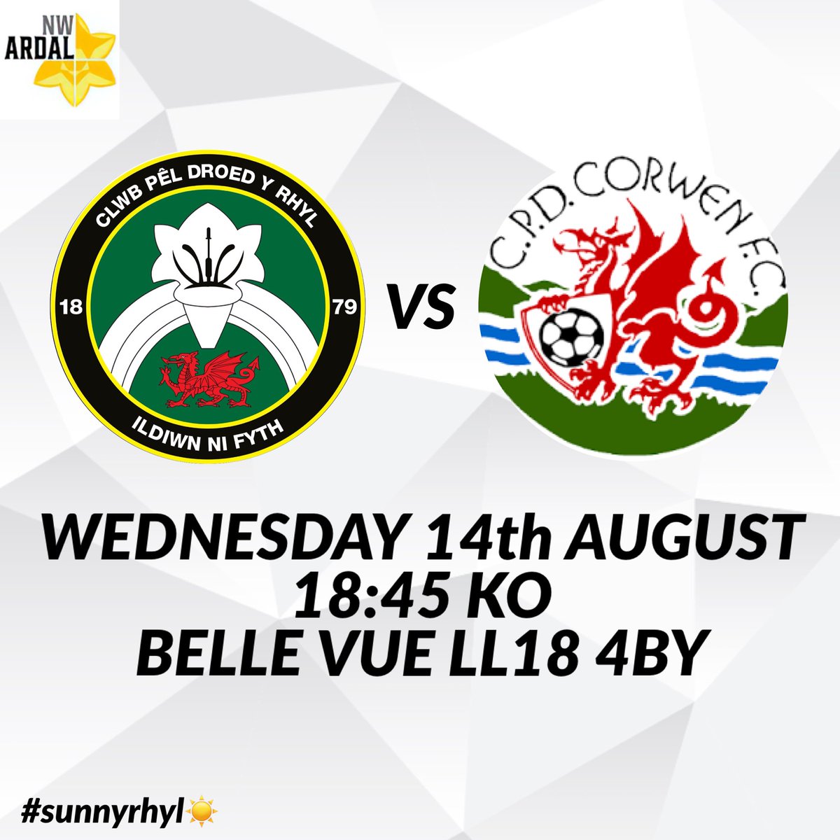 ⚫️ Tomorrow ⚪️

We’re back in league action tomorrow evening as we welcome <a href="/CorwenFC/">Corwen FC</a> to Belle Vue int the Ardal NW

🆚 Corwen
🗓️ 14/8
🕝 18:45
🏟️ Belle Vue 
🏆 League
🎟️ £4/£1 
🎁 Merch
🎟️ Raffle
🎟️ Season Tickets
🍺 Bar open
🍔 Canteen open

#sunnyrhyl ☀️ #affordablefootball 🏷️