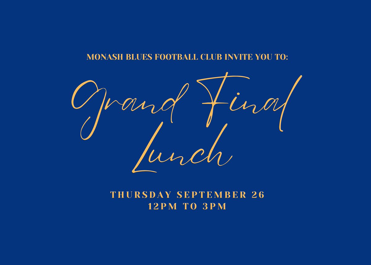 You can't miss the annual Monash Blues AFL Grand Final Lunch... back at the G for its 16th year!

Thursday 26 September
AFL Dining Room - MCG
12pm to 3pm
Guest Speaker: Brendon Goddard

$220 per person or $2,200 per table
Dress: Business attire

Details - shorturl.at/5lI5O