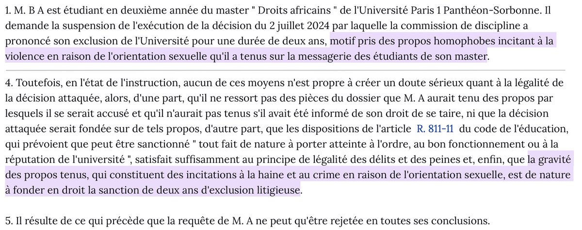 Homophobie : En référé, l'exclusion (2 ans) d'un étudiant de <a href="/SorbonneParis1/">Université Paris 1 Panthéon-Sorbonne</a> pour des « propos homophobes incitant à la violence » tenus sur un groupe d'étudiants de son Master (de droit...) est validée.

En raison de « la gravité des propos tenus ».

=> bit.ly/4fKoqsk
