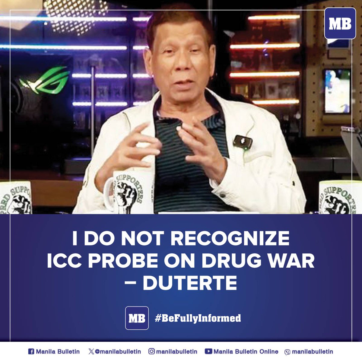 manilabulletin's tweet photo. Former President Rodrigo R. Duterte said that he does not recognize the International Criminal Court (ICC) investigation on the controversial war on drugs of his administration.

READ: https://t.co/XOKCSFA0ic https://t.co/ysVwVO3otl