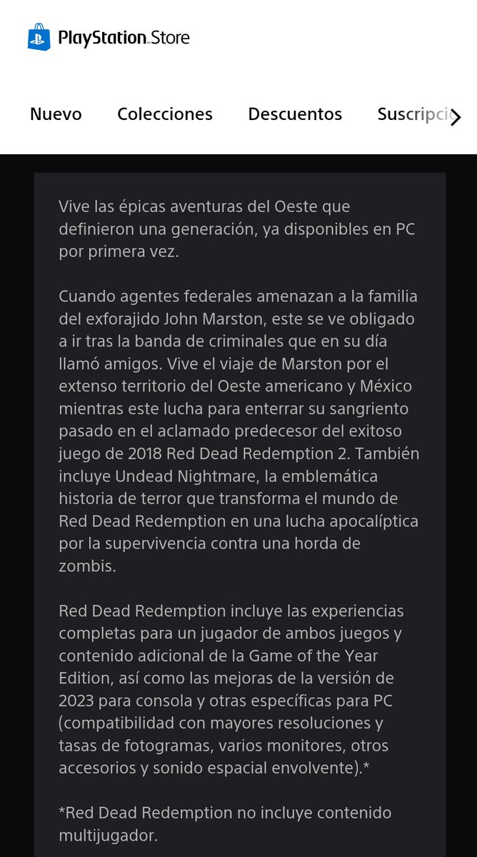 🚨 ÚLTIMA HORA 🚨

Se vuelve a filtrar la versión de PC para el primer Red Dead Redemption y su anuncio podría ser inminente.

Playstation ha publicado en la descripción del videojuego en su store el siguiente texto 👇