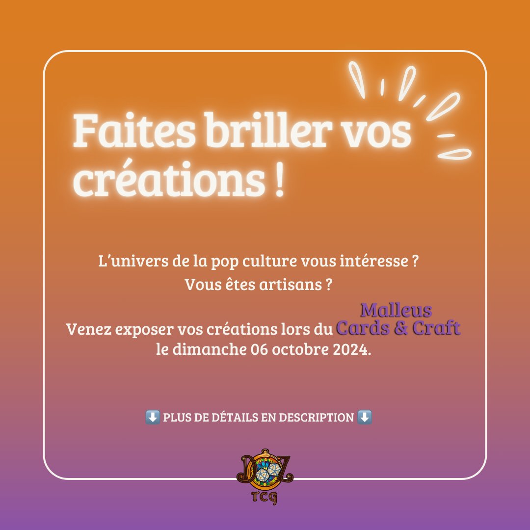 Mettez en lumière vos projets !

Intéressés ?🤔
Envoyez-nous par mail à contact.dooztcg@gmail.com :
-Un texte de vous, ce que vous faites et de votre univers.
-Vos réalisations
(Un lien de vos réseaux sociaux

ℹ️ Renseignements : contact.dooztcg@gmail.com

facebook.com/events/9859908…