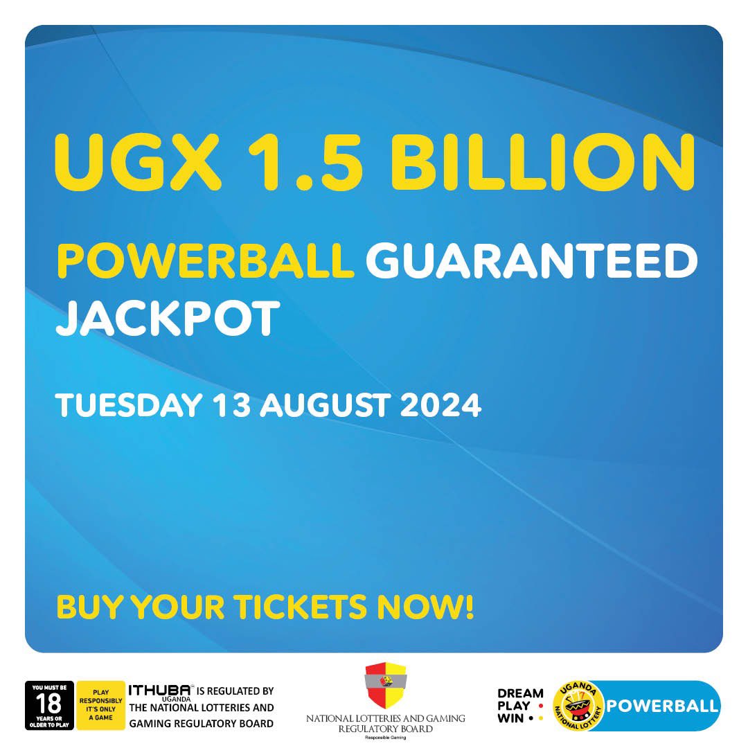 TweetsbyRex16's tweet photo. Don't miss out‼️
Today's POWERBALL Jackpot is GUARANTEED at UGX 1.5 BILLION. 
What are you waiting for⁉️PLAY NOW😋 Simply dial *278#.
#UgandaNationalLottery 
#POWERBALL
#BillionzZizino https://t.co/tq4WfwcYd3